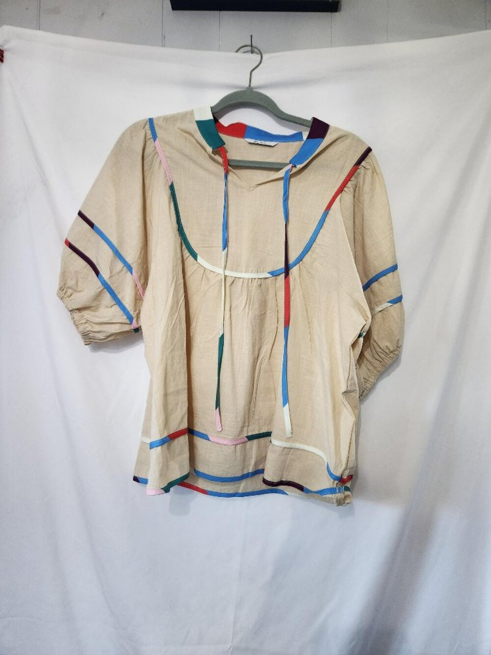 Cicy Bell Babydoll Peplum Blouse Beige XL Puff Sleeve Top